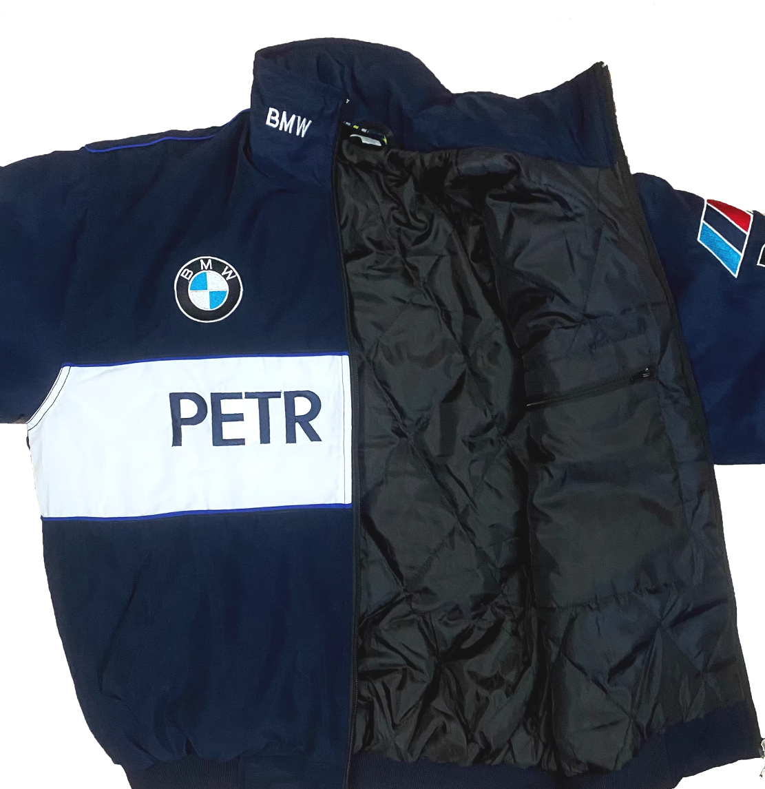 Vintage navy BMW Petronas racing jacket with white stripe and M-Power logos.
