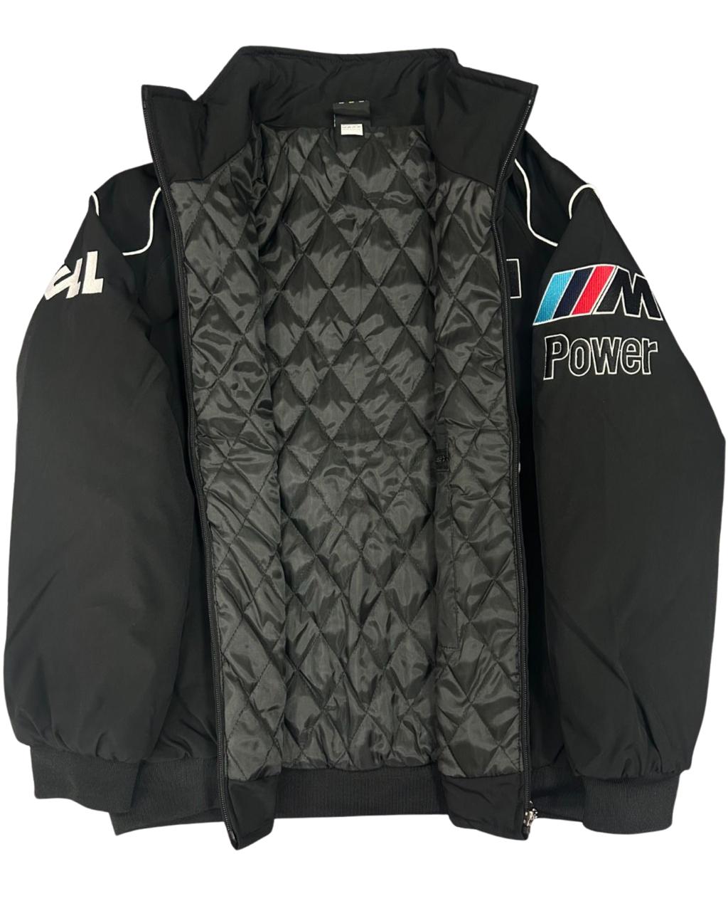 black BMW racing jacket with M Power and Petronas logos in vintage style