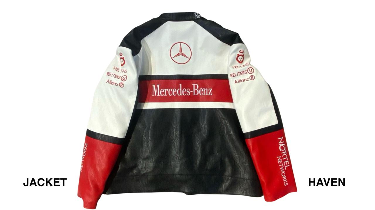 red white and black Mercedes racing leather jacket with motorsport patches