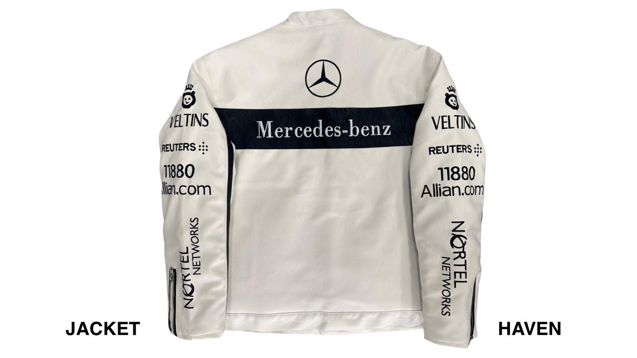 white Mercedes racing leather jacket with black logos and detailing, motorsport streetwear style