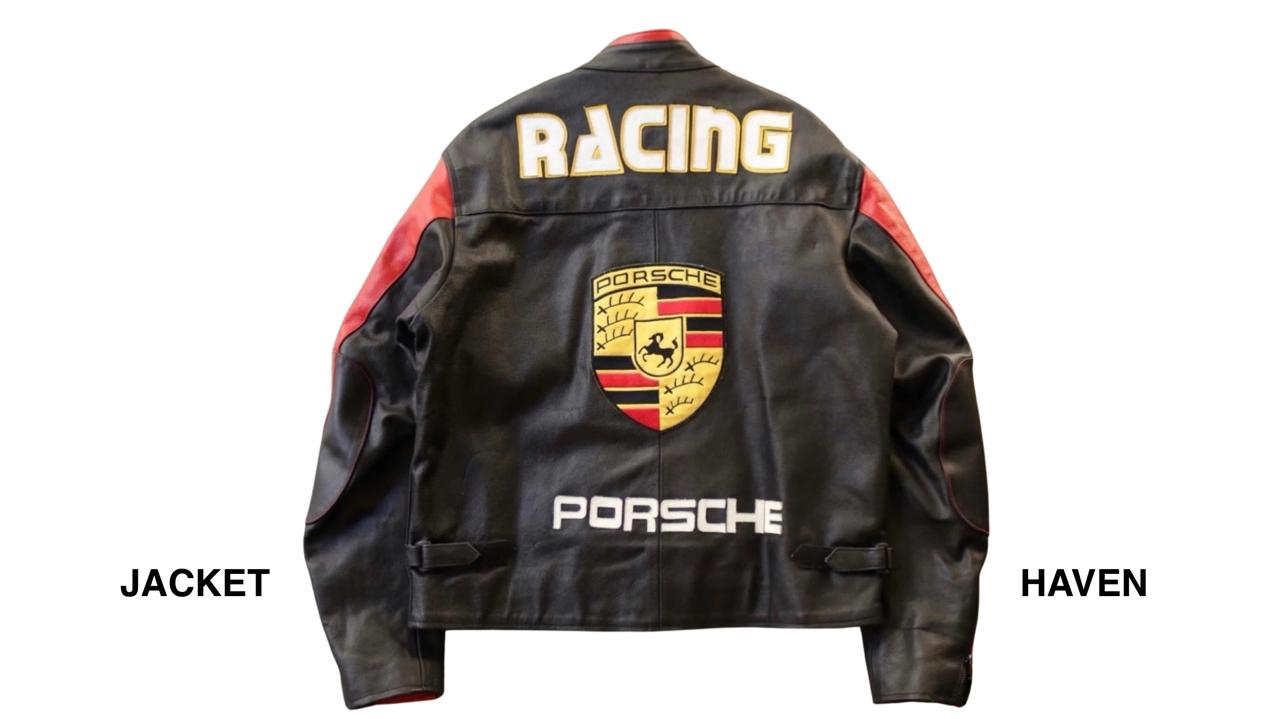 black and red Porsche racing leather jacket with Shell and Michelin patches
