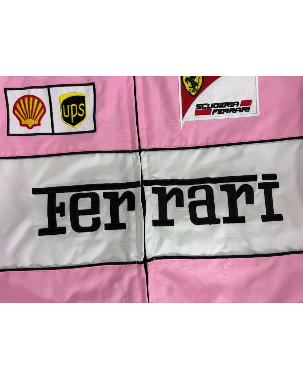 pink Ferrari racing jacket with sponsor patches and F1 logos in vintage style