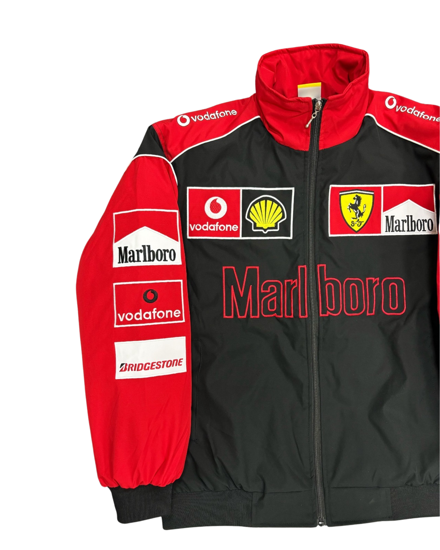 black and red Ferrari racing jacket with Marlboro and sponsor patches