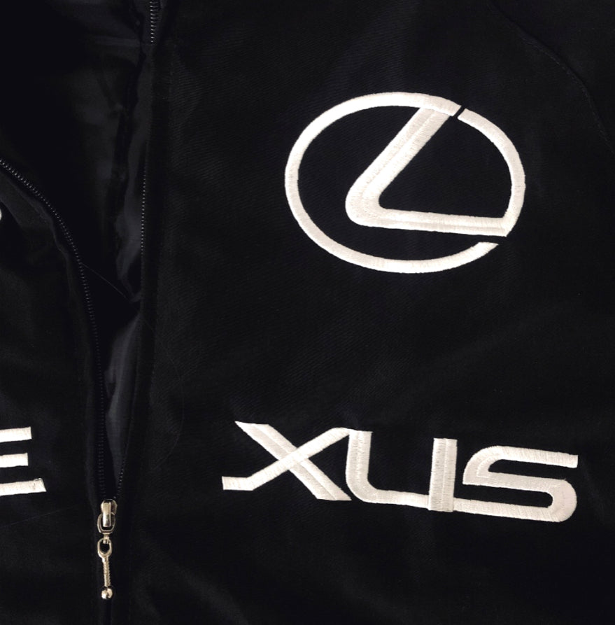 Vintage black Lexus jacket with bold white and silver Lexus logos on the chest and sleeves.