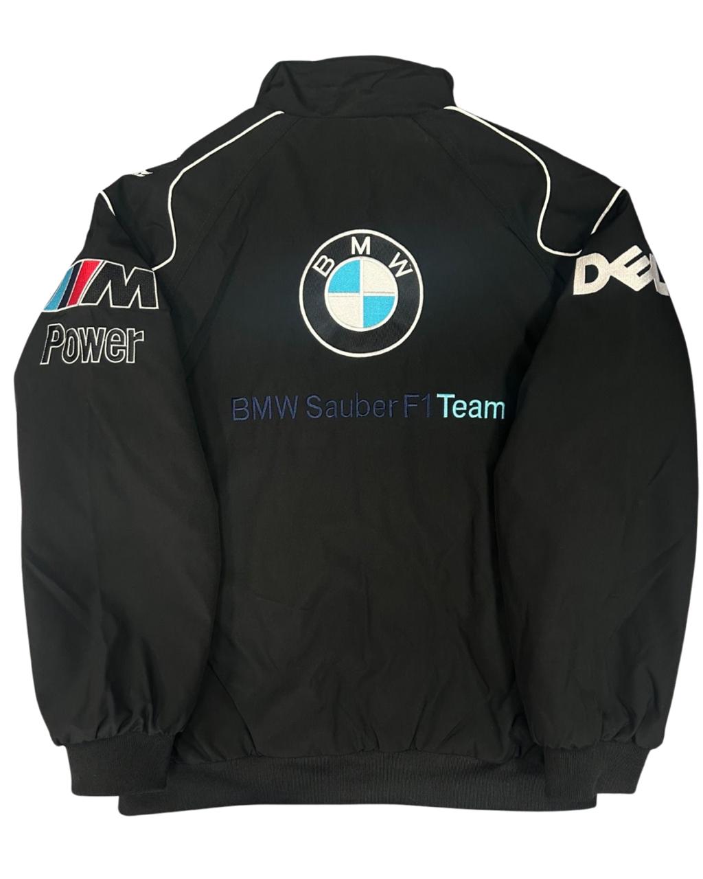 black BMW racing jacket with M Power and Petronas logos in vintage style
