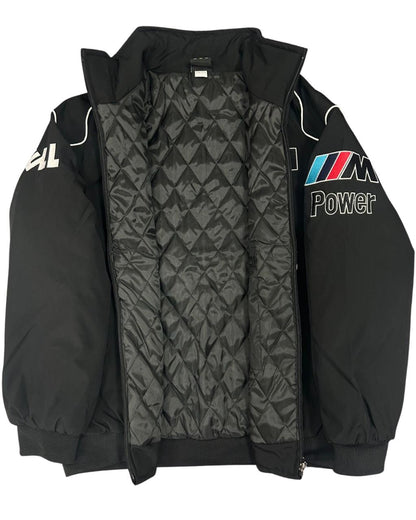 black BMW racing jacket with M Power and Petronas logos in vintage style