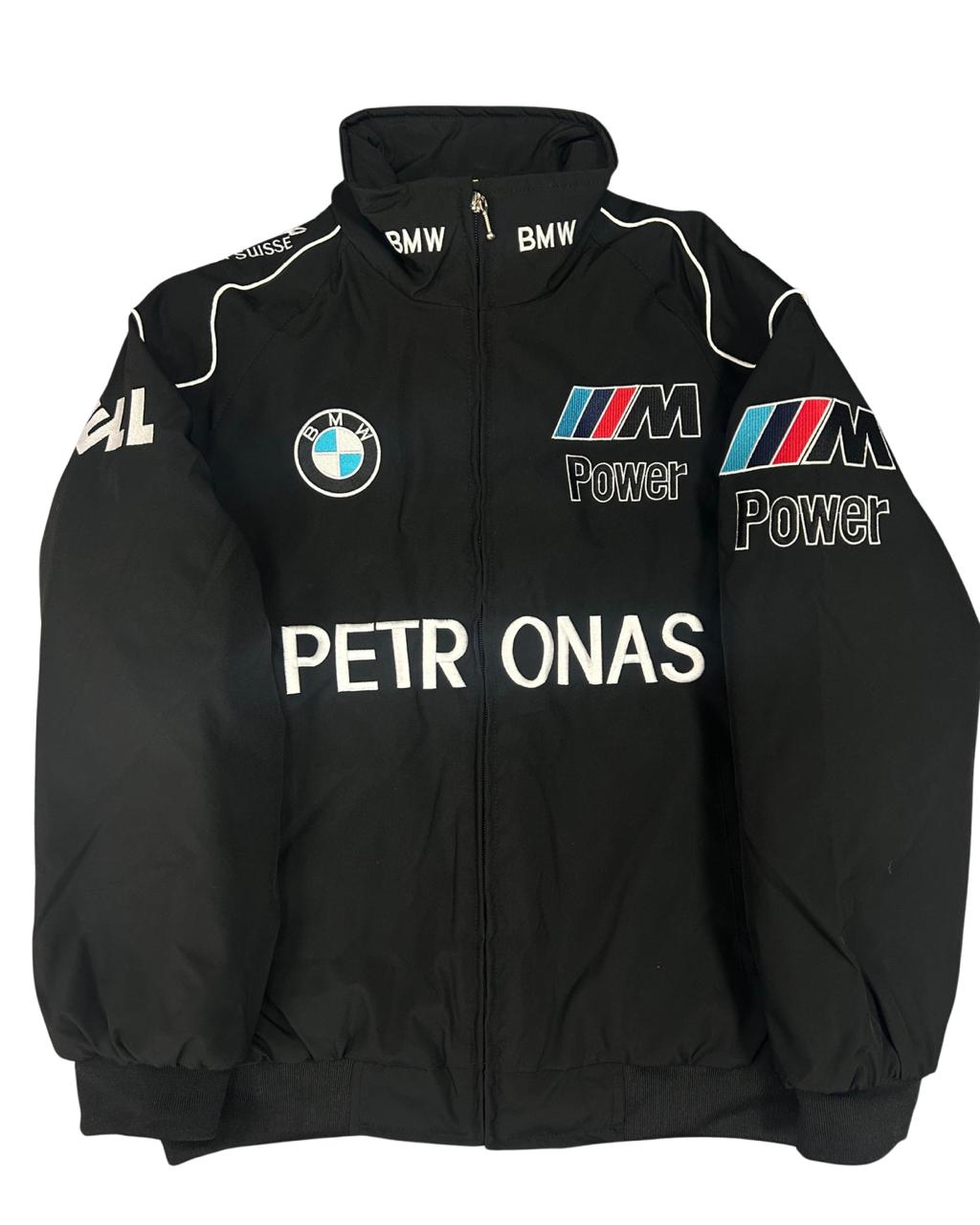 black BMW racing jacket with M Power and Petronas logos in vintage style