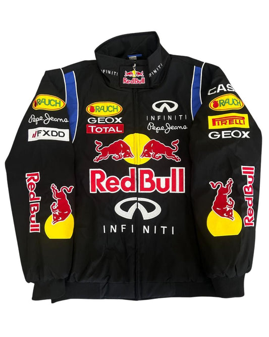 black Red Bull racing jacket with Infiniti logos and bold sponsor patches