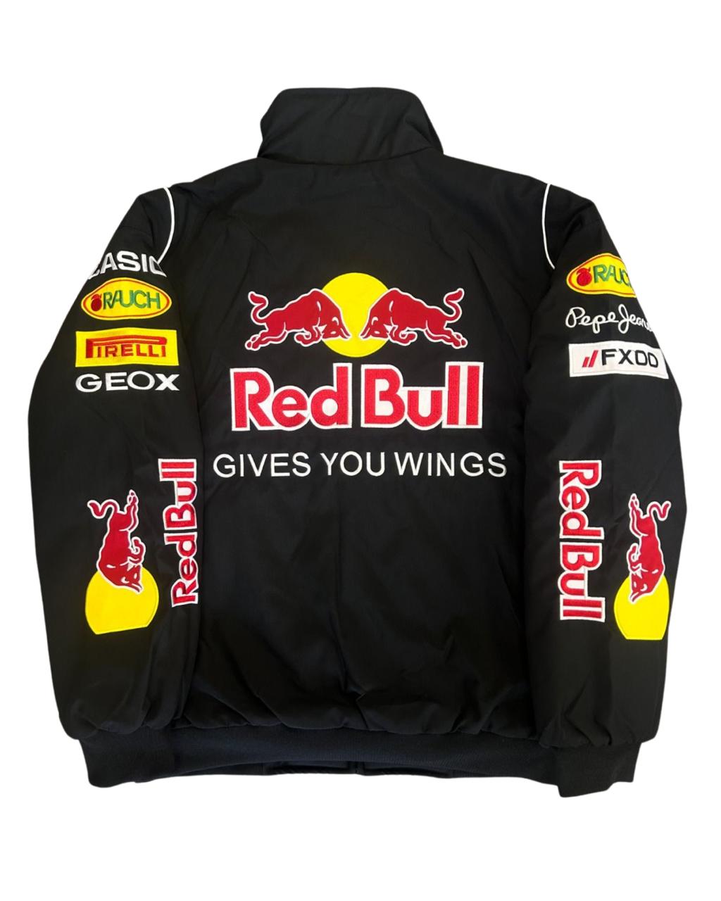 black Red Bull racing jacket with Infiniti logos and bold sponsor patches