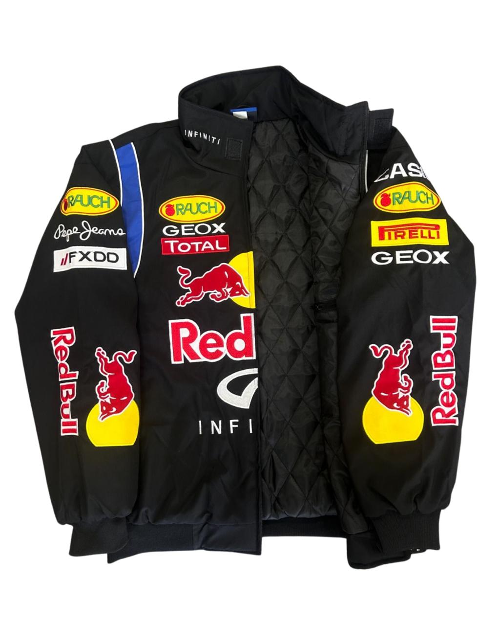 black Red Bull racing jacket with Infiniti logos and bold sponsor patches
