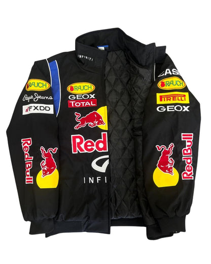black Red Bull racing jacket with Infiniti logos and bold sponsor patches
