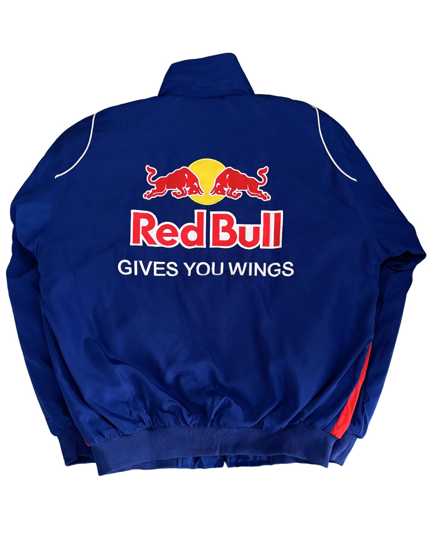 blue Red Bull racing jacket with Infiniti logos and sponsor patches in vintage style