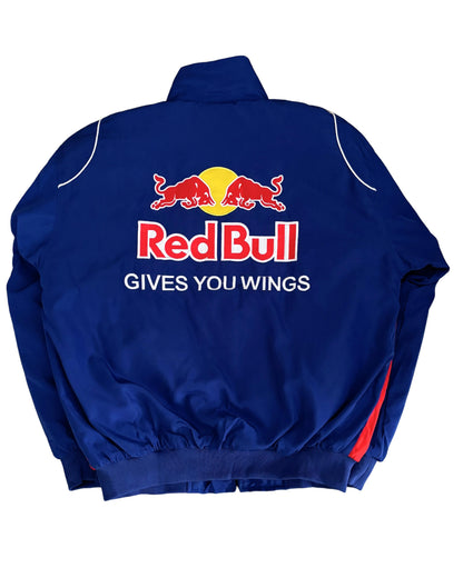 blue Red Bull racing jacket with Infiniti logos and sponsor patches in vintage style