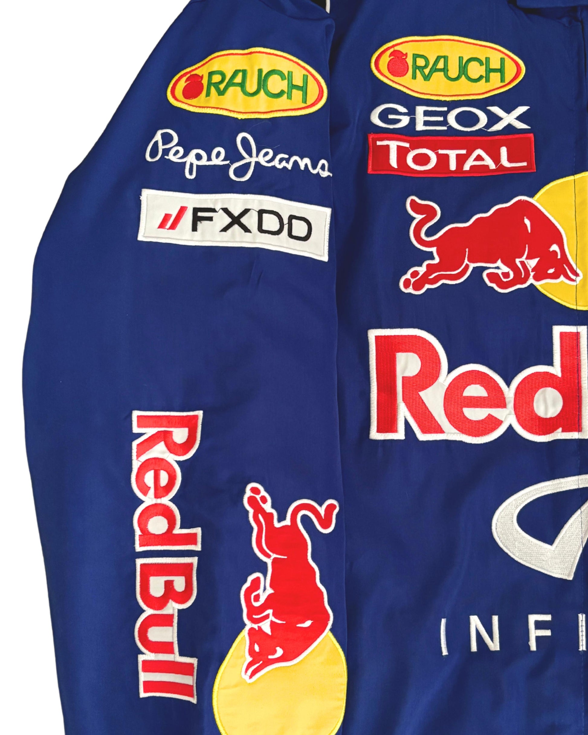 blue Red Bull racing jacket with Infiniti logos and sponsor patches in vintage style