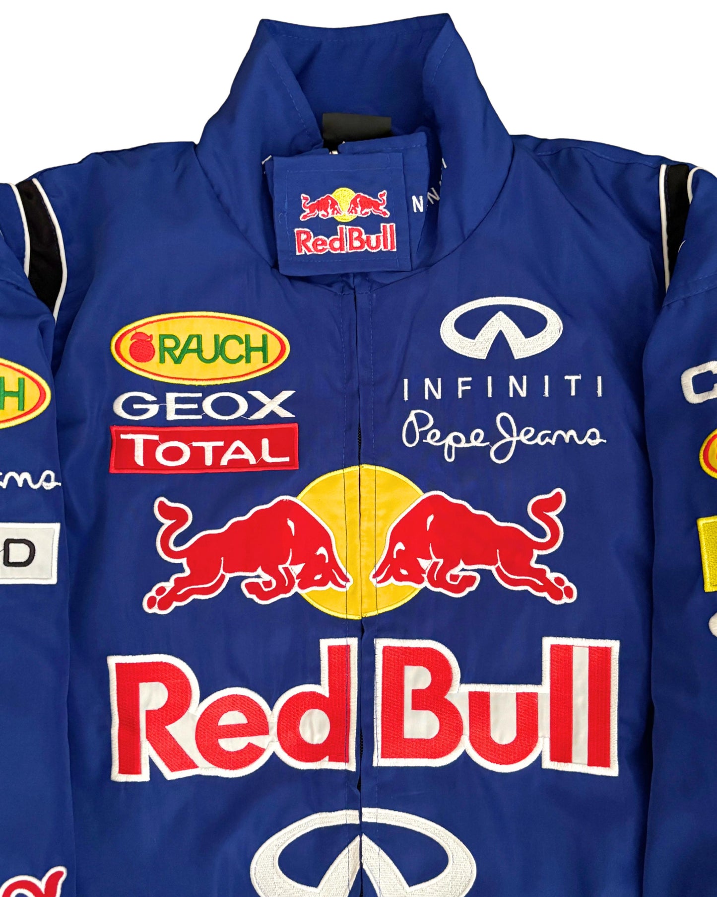 blue Red Bull racing jacket with Infiniti logos and sponsor patches in vintage style