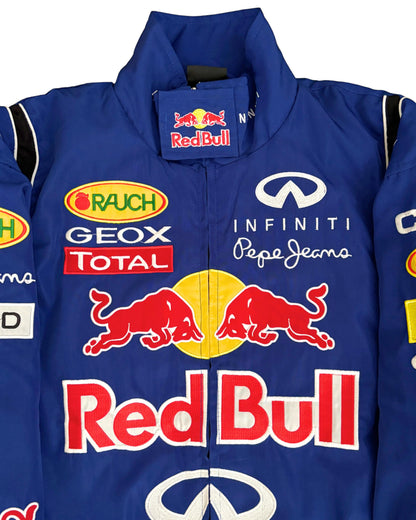 blue Red Bull racing jacket with Infiniti logos and sponsor patches in vintage style