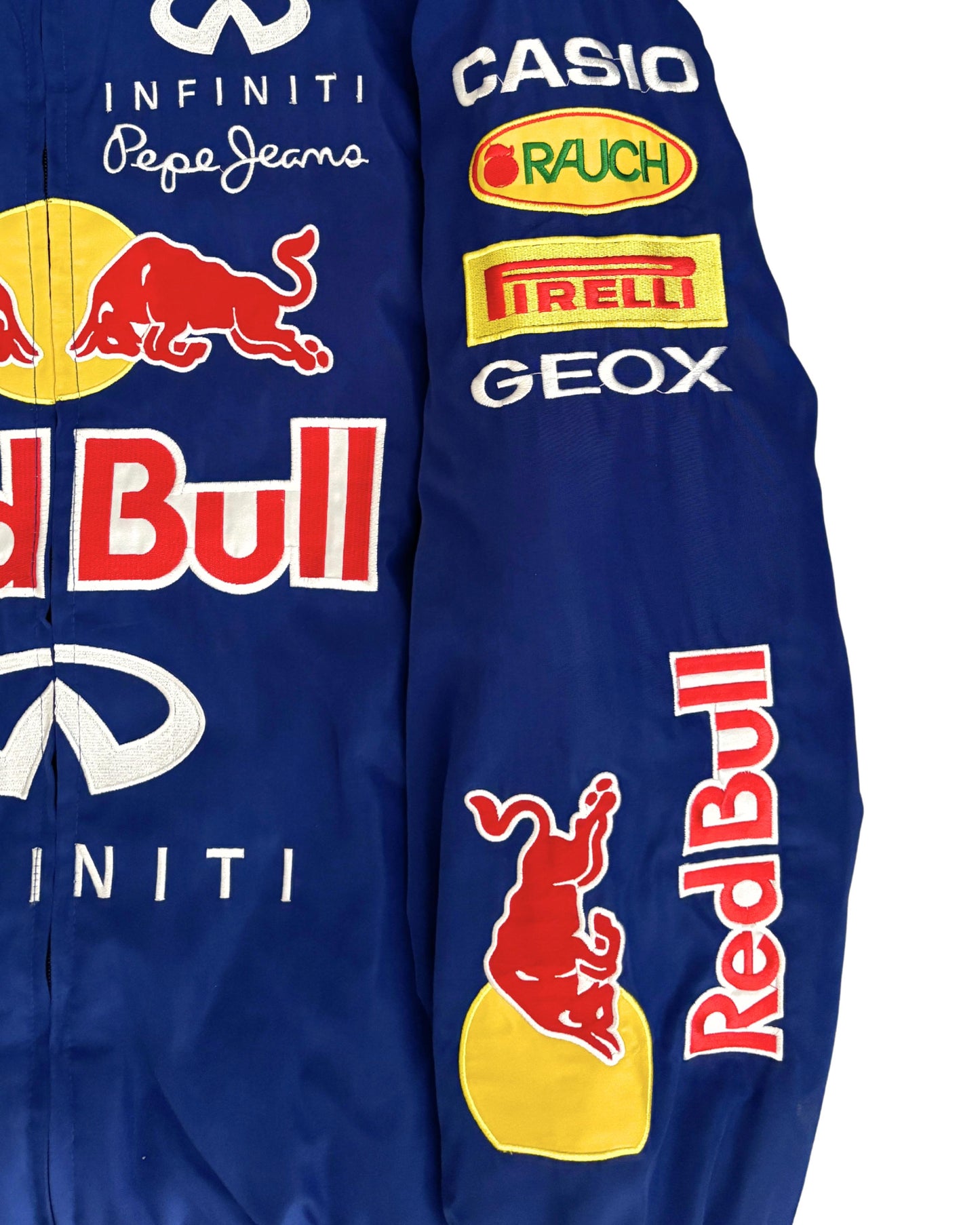 blue Red Bull racing jacket with Infiniti logos and sponsor patches in vintage style