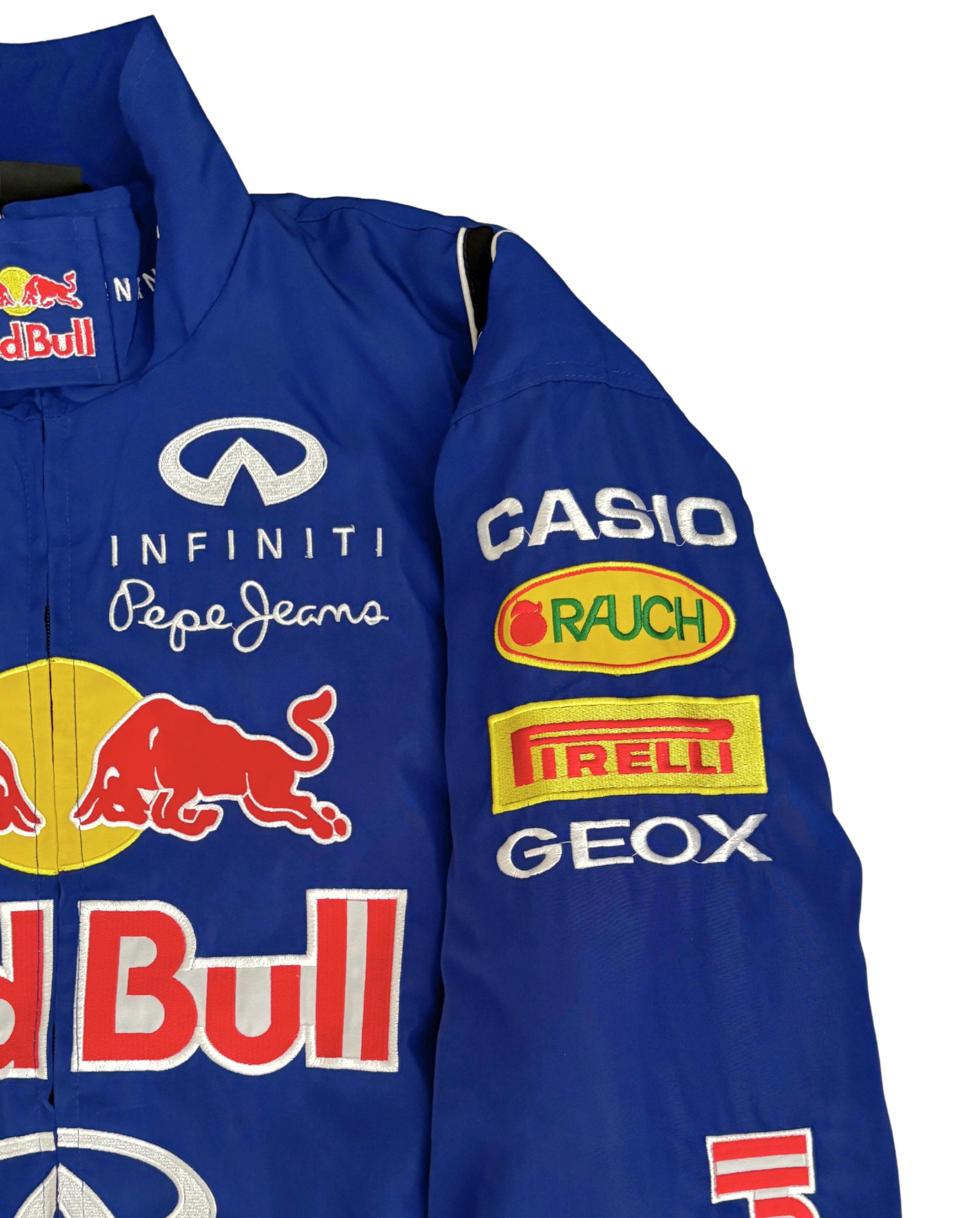 blue Red Bull racing jacket with Infiniti logos and sponsor patches in vintage style
