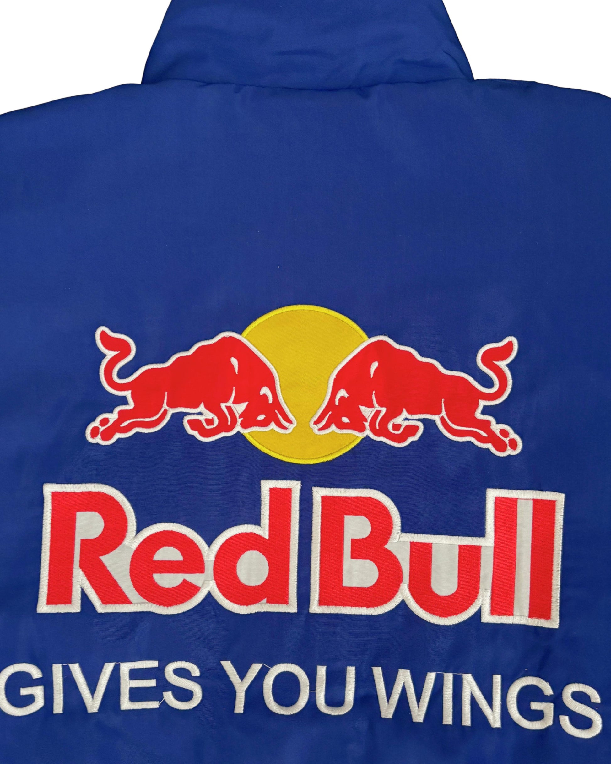 blue Red Bull racing jacket with Infiniti logos and sponsor patches in vintage style