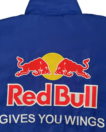 blue Red Bull racing jacket with Infiniti logos and sponsor patches in vintage style