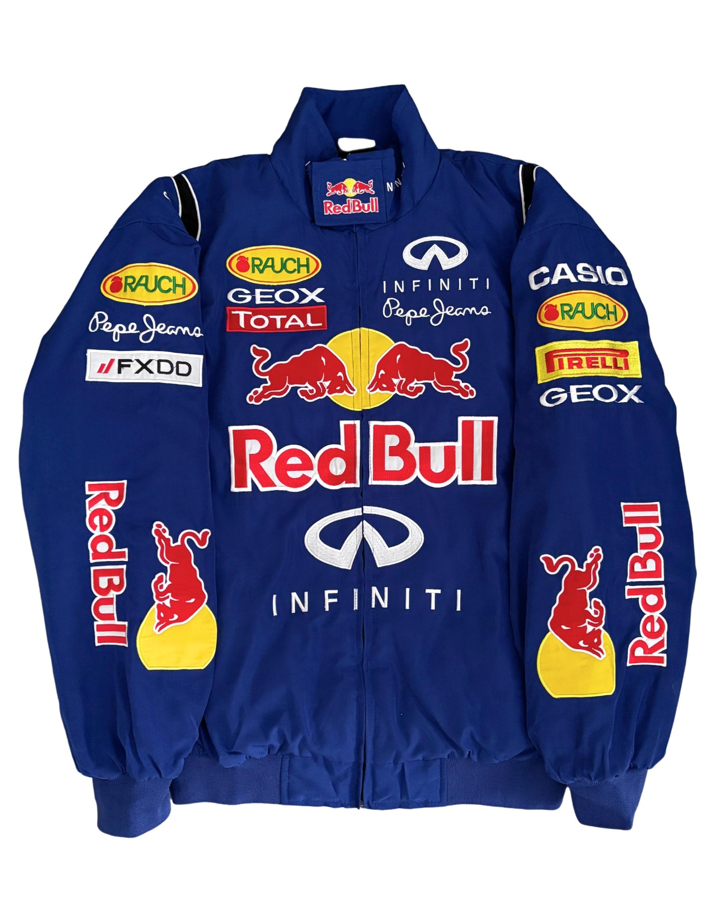 blue Red Bull racing jacket with Infiniti logos and sponsor patches in vintage style