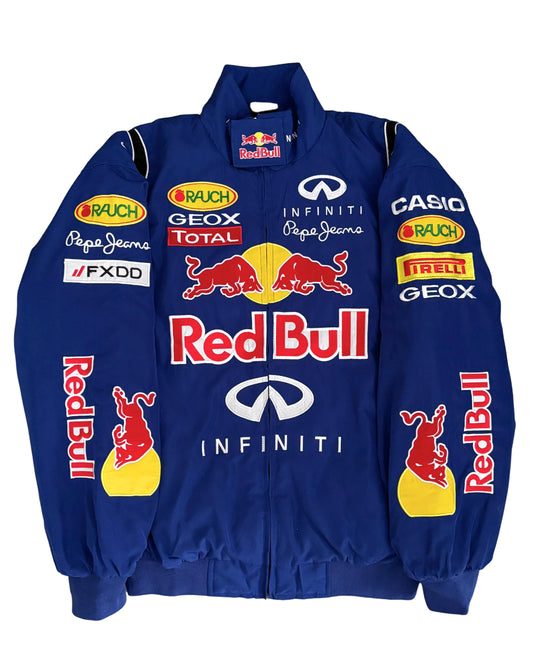 blue Red Bull racing jacket with Infiniti logos and sponsor patches in vintage style