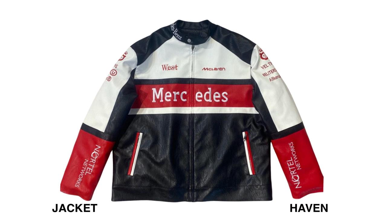 red white and black Mercedes racing leather jacket with motorsport patches