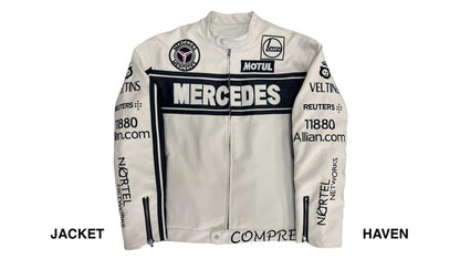white Mercedes racing leather jacket with black logos and detailing, motorsport streetwear style