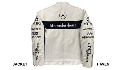 white Mercedes racing leather jacket with black logos and detailing, motorsport streetwear style