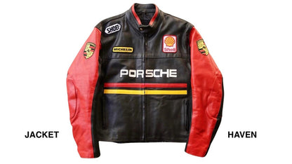 black and red Porsche racing leather jacket with Shell and Michelin patches