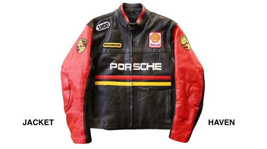 black and red Porsche racing leather jacket with Shell and Michelin patches