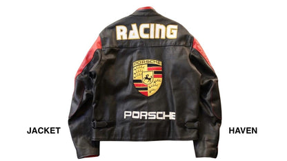black and red Porsche racing leather jacket with Shell and Michelin patches