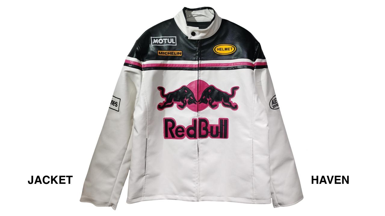white and black Red Bull racing leather jacket with pink logo and motorsport patches
