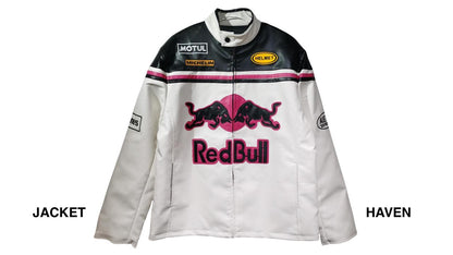 white and black Red Bull racing leather jacket with pink logo and motorsport patches