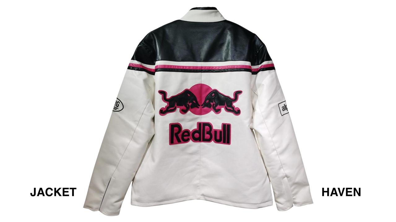 white and black Red Bull racing leather jacket with pink logo and motorsport patches