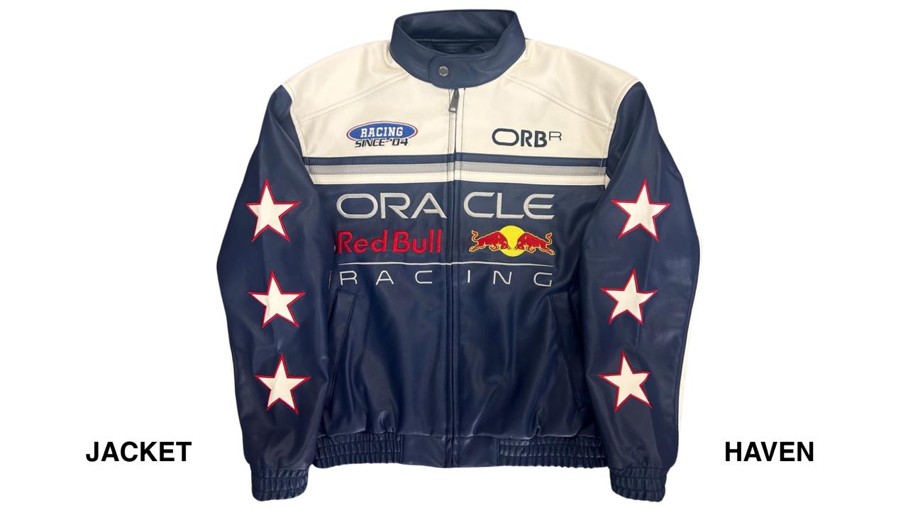 navy and cream Red Bull racing leather jacket with star sleeves and Oracle logos