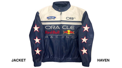 navy and cream Red Bull racing leather jacket with star sleeves and Oracle logos