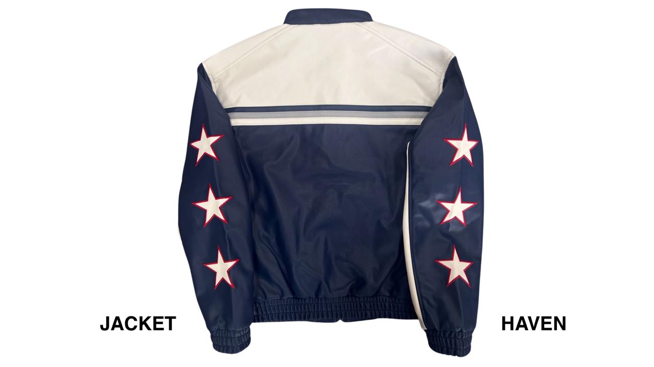 navy and cream Red Bull racing leather jacket with star sleeves and Oracle logos