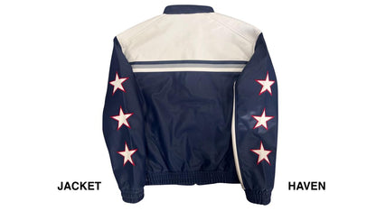 navy and cream Red Bull racing leather jacket with star sleeves and Oracle logos