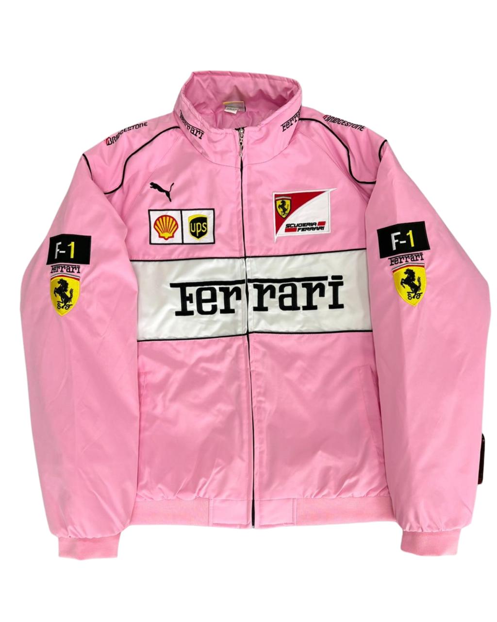 pink Ferrari racing jacket with sponsor patches and F1 logos in vintage style