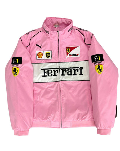 pink Ferrari racing jacket with sponsor patches and F1 logos in vintage style