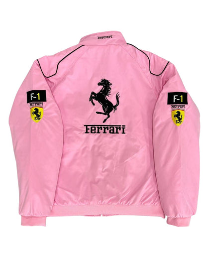 pink Ferrari racing jacket with sponsor patches and F1 logos in vintage style