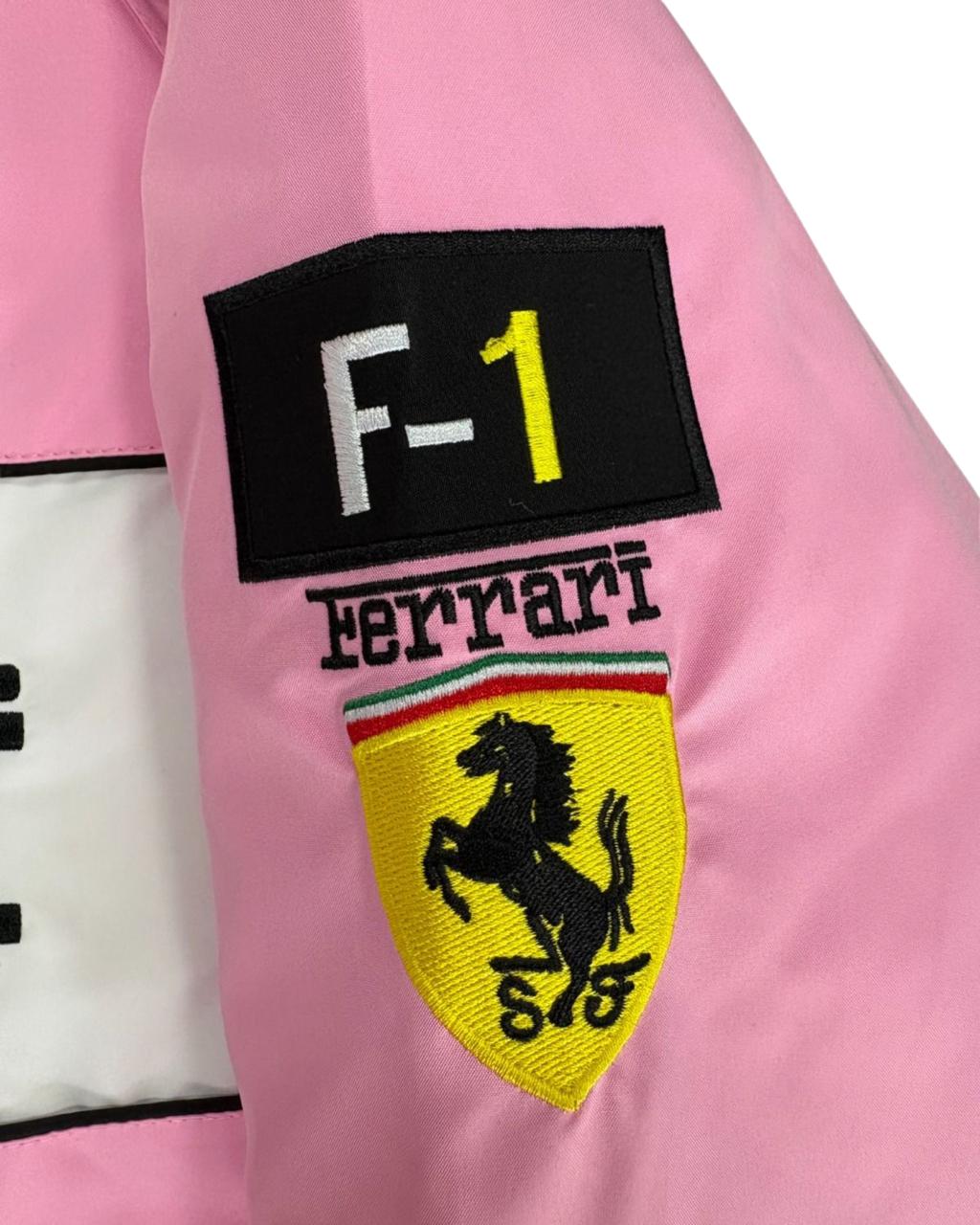pink Ferrari racing jacket with sponsor patches and F1 logos in vintage style