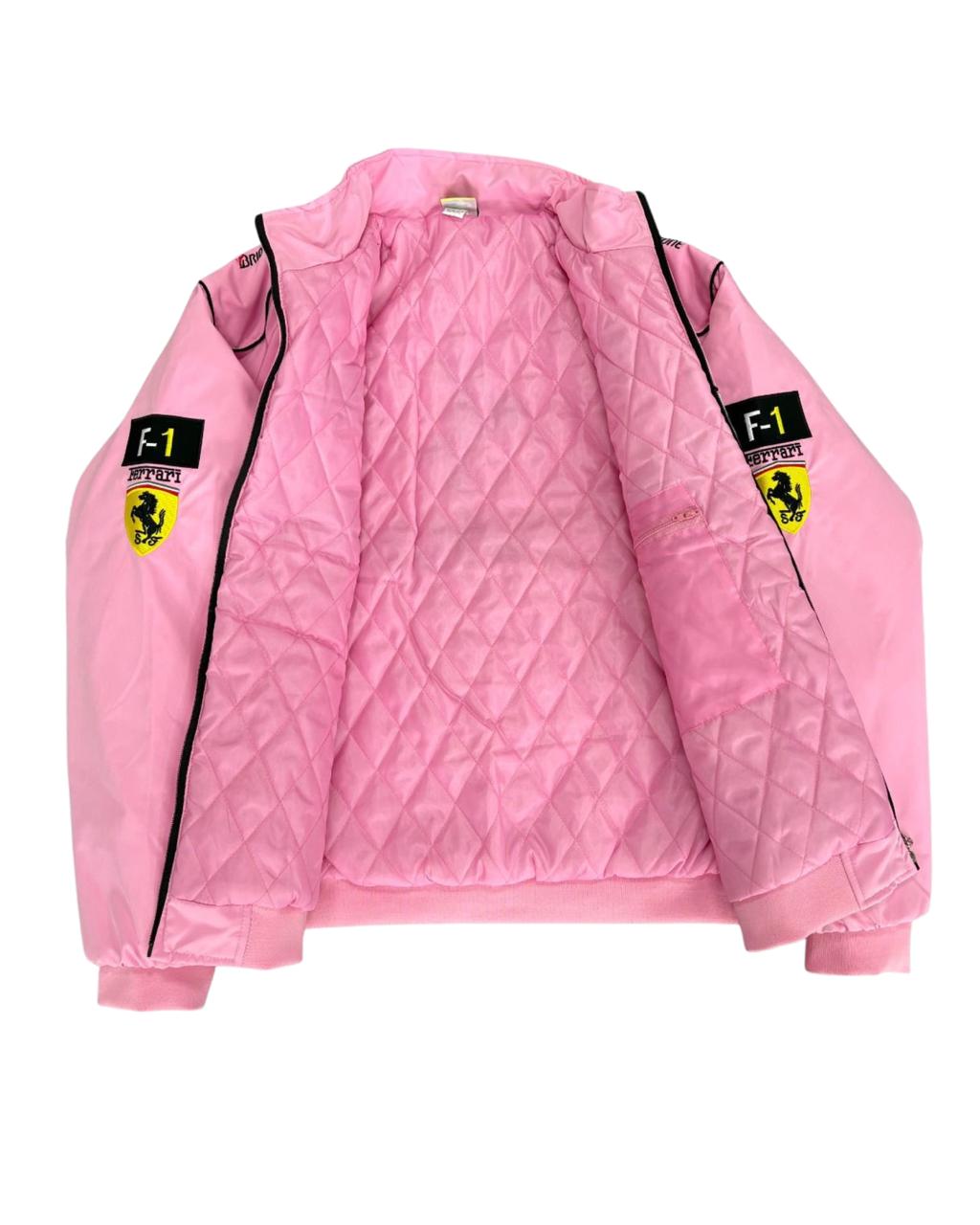 pink Ferrari racing jacket with sponsor patches and F1 logos in vintage style
