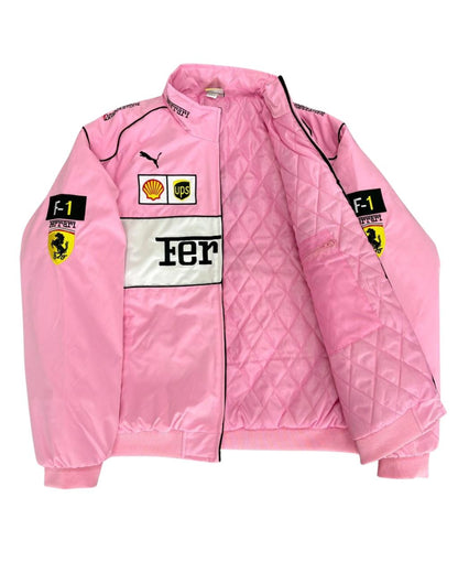 pink Ferrari racing jacket with sponsor patches and F1 logos in vintage style