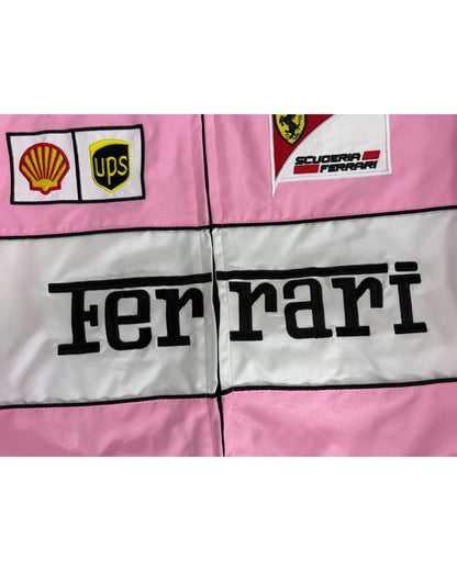 pink Ferrari racing jacket with sponsor patches and F1 logos in vintage style