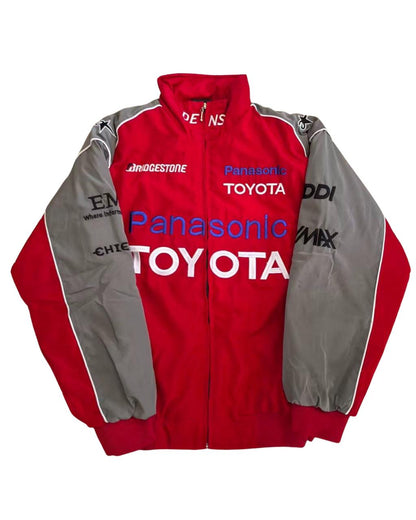 red and gray Toyota racing jacket with Panasonic and Bridgestone logos
