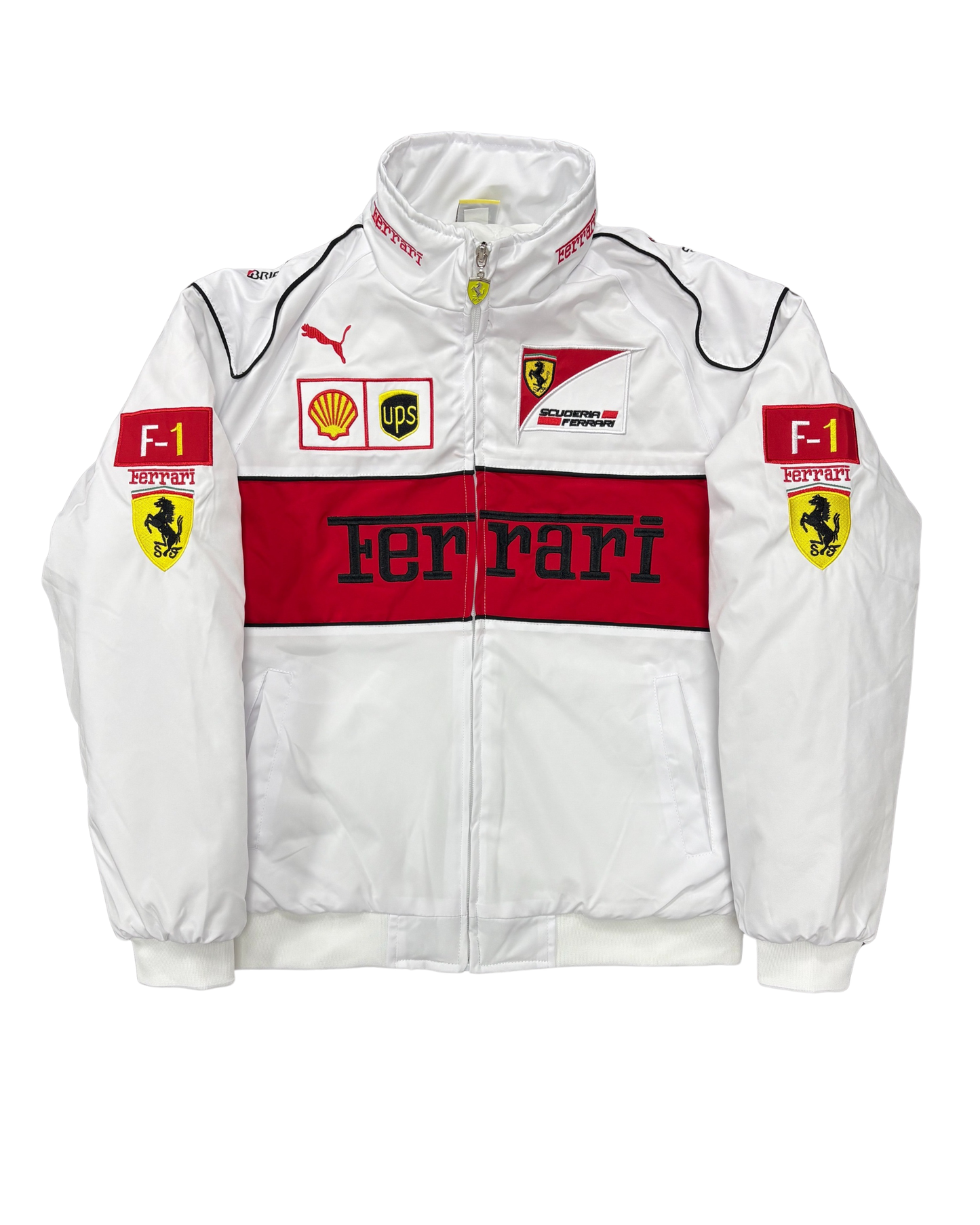 white Ferrari racing jacket with red panel and F1 sponsor patches