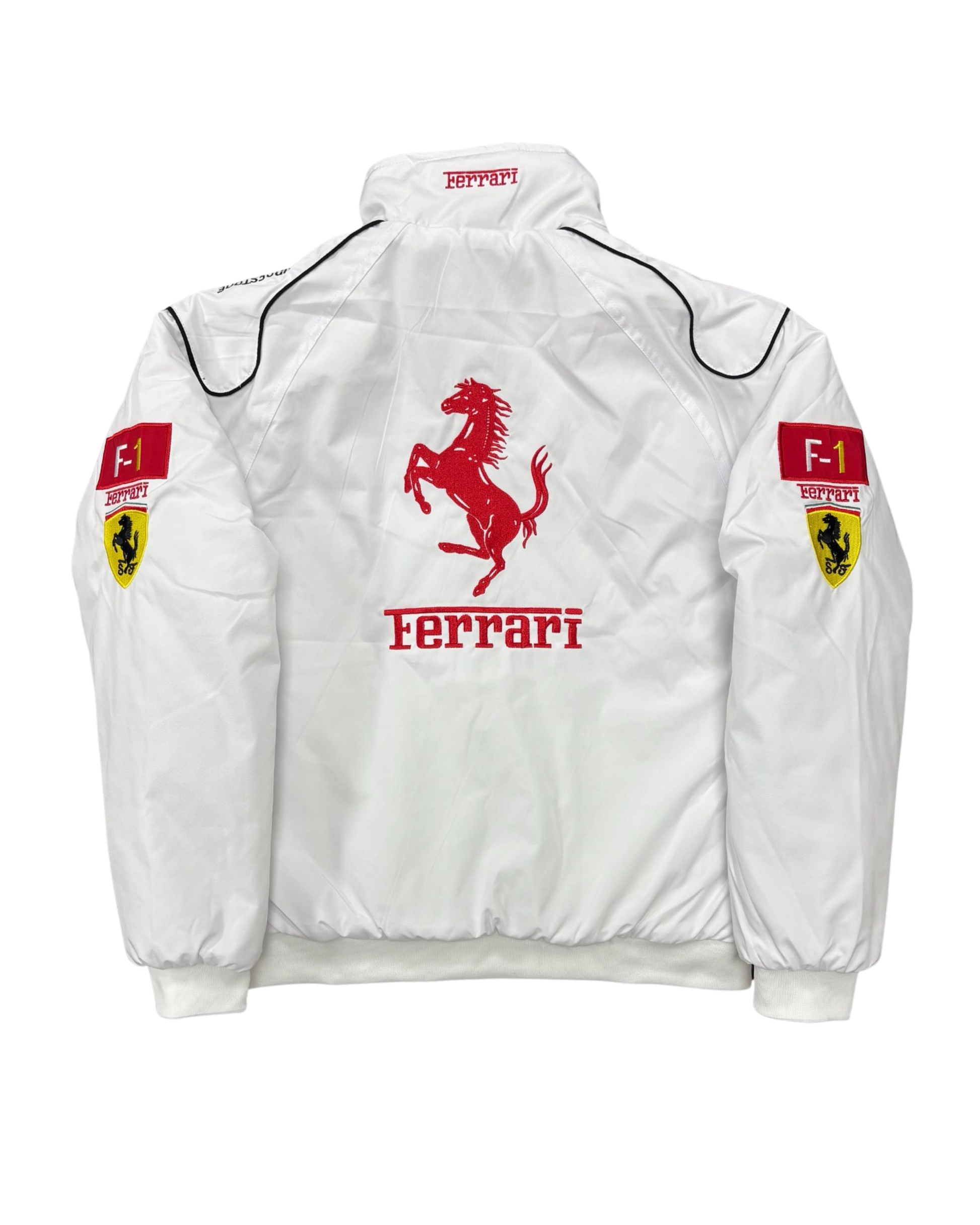 white Ferrari racing jacket with red panel and F1 sponsor patches