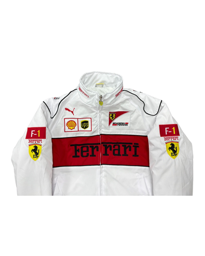 white Ferrari racing jacket with red panel and F1 sponsor patches